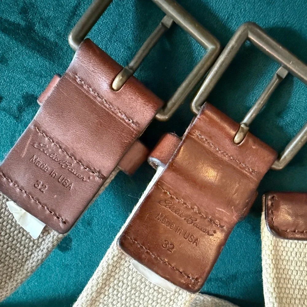 Eddie Bauer Mens Canvas Leather Web Belts Size 32 Made in USA Tan Khaki Lot of 2
